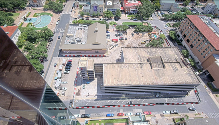 Whitis Avenue aerial view, prepping for platform and construction ramp, August 28, 2024