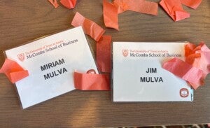 Nametags for Miriam and Jim Mulva, April 10, 2025 Mulva Hall Groundbreaking Celebration
