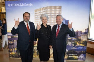 Interim President Jim Davis and Miriam and Jim Mulva Hook 'em!