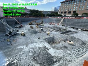 View of construction crane pad preparation from northwest corner, June 9, 2025