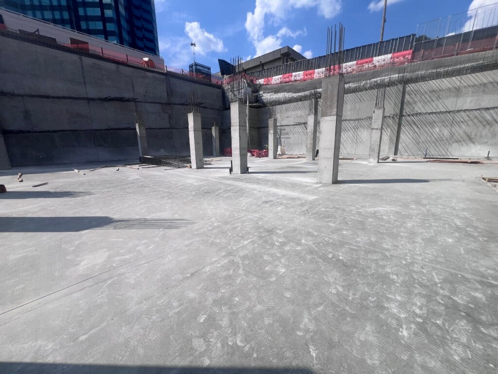 Northwest corner of Garage B2 level slab, shotcrete walls, and columns, Sept. 18, 2025