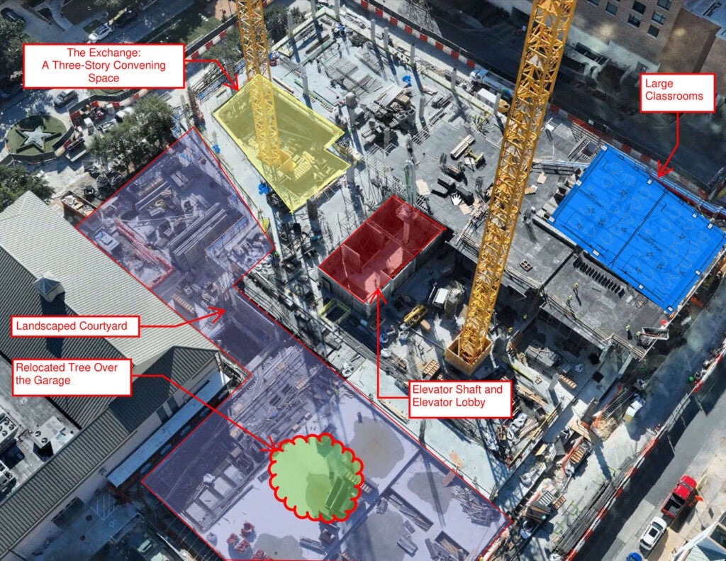 A photo illustration shows the location of sections of Mulva Hall